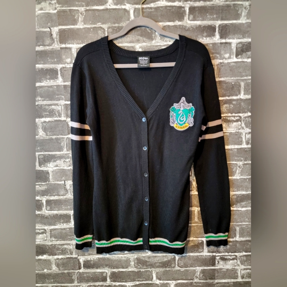 Harry Potter Women's Slytherin House Open Front Cardigan Sweater - Juniors L
